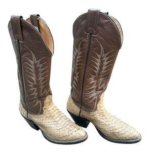 Nocona Brown Leather Western Boots with Cream Snakeskin Foot